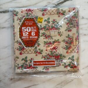 Vintage All-Occasion Fruit Basket Wrapping Paper 6 Sheets Cottagecore Gift Wrap